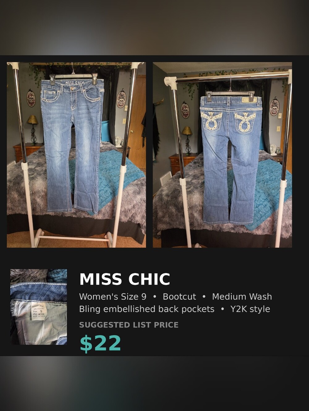 Miss Chic Womens Size 9 Bootcut Jeans Medium Wash Bling Back Pockets